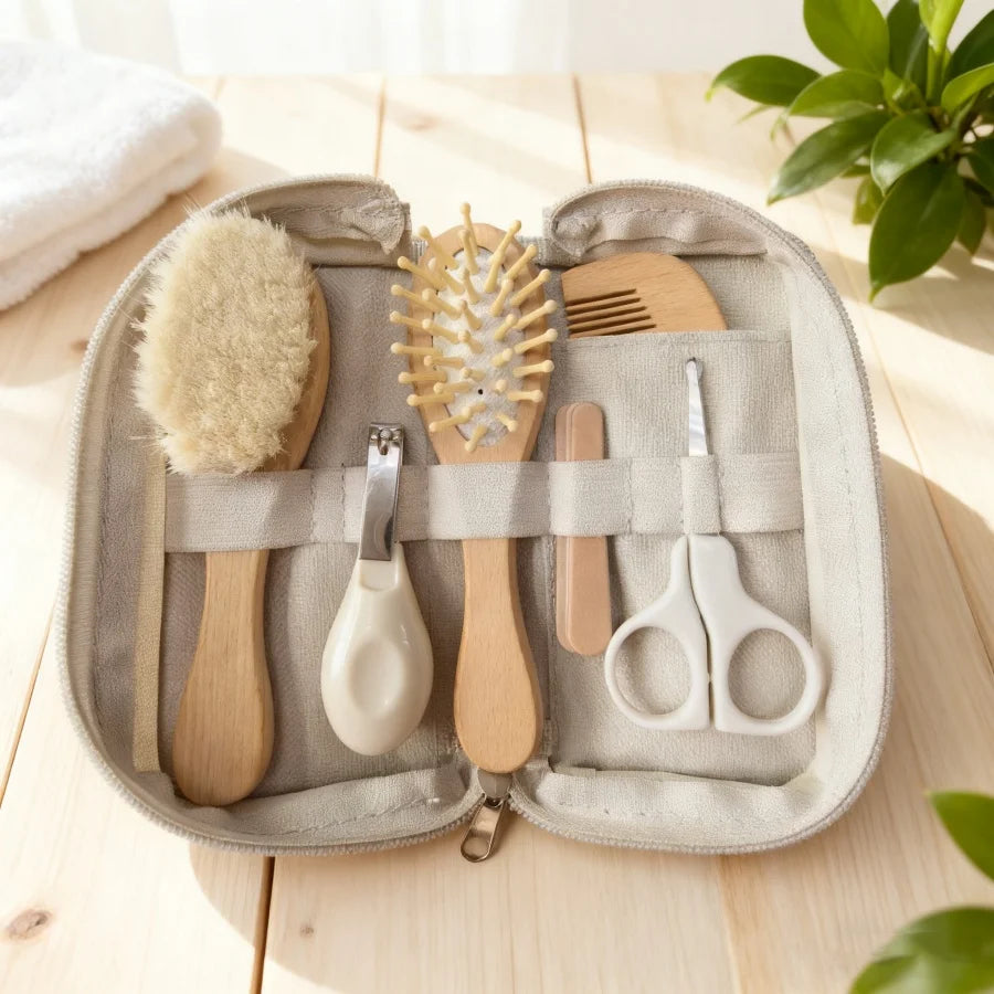 Kit de soins bébé 6 pièces – Brosses, peigne, ciseaux, lime et accessoires dans une trousse pratique