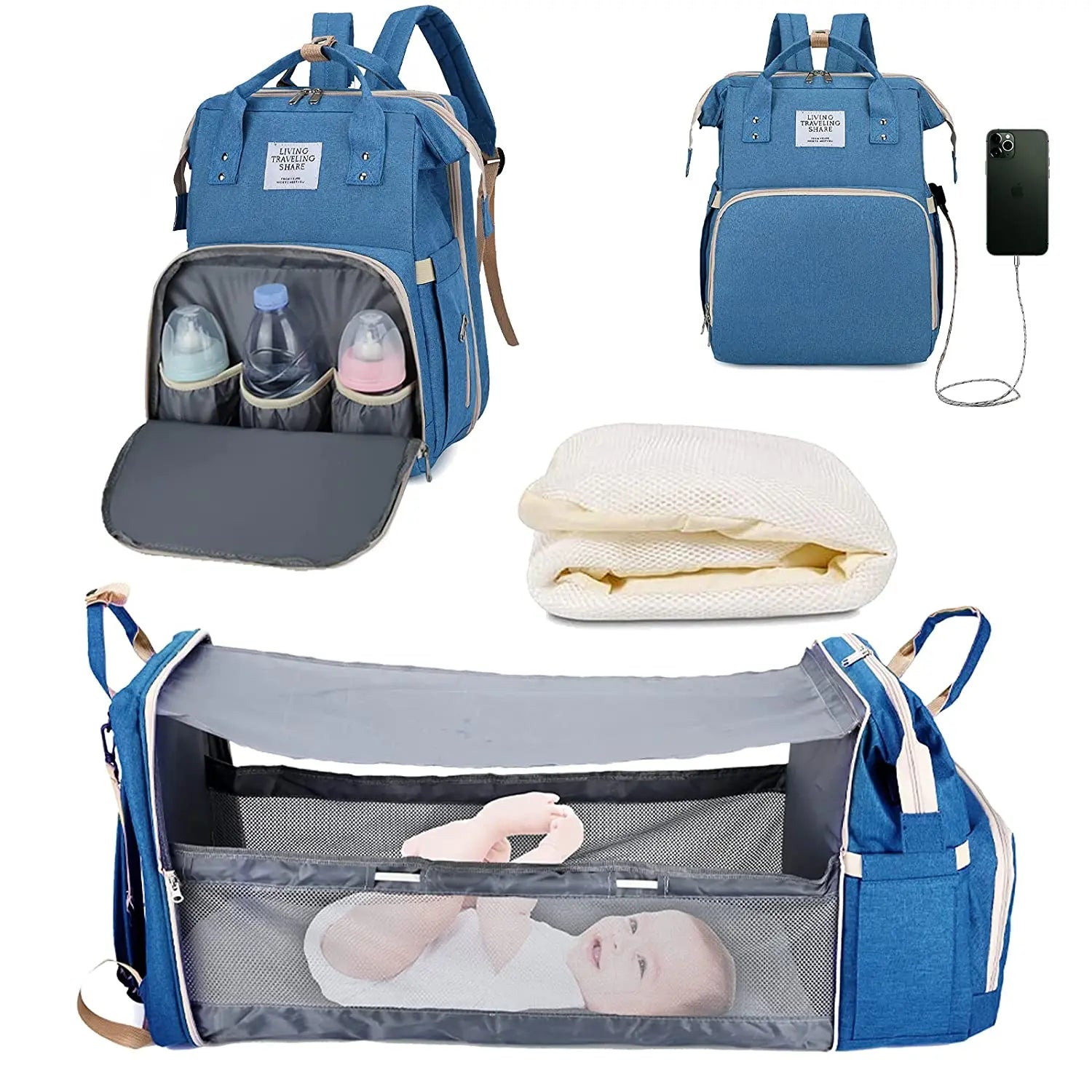 Sac à langer 3-en-1 multifonction – Lit pliable, rangement isotherme et port USB
