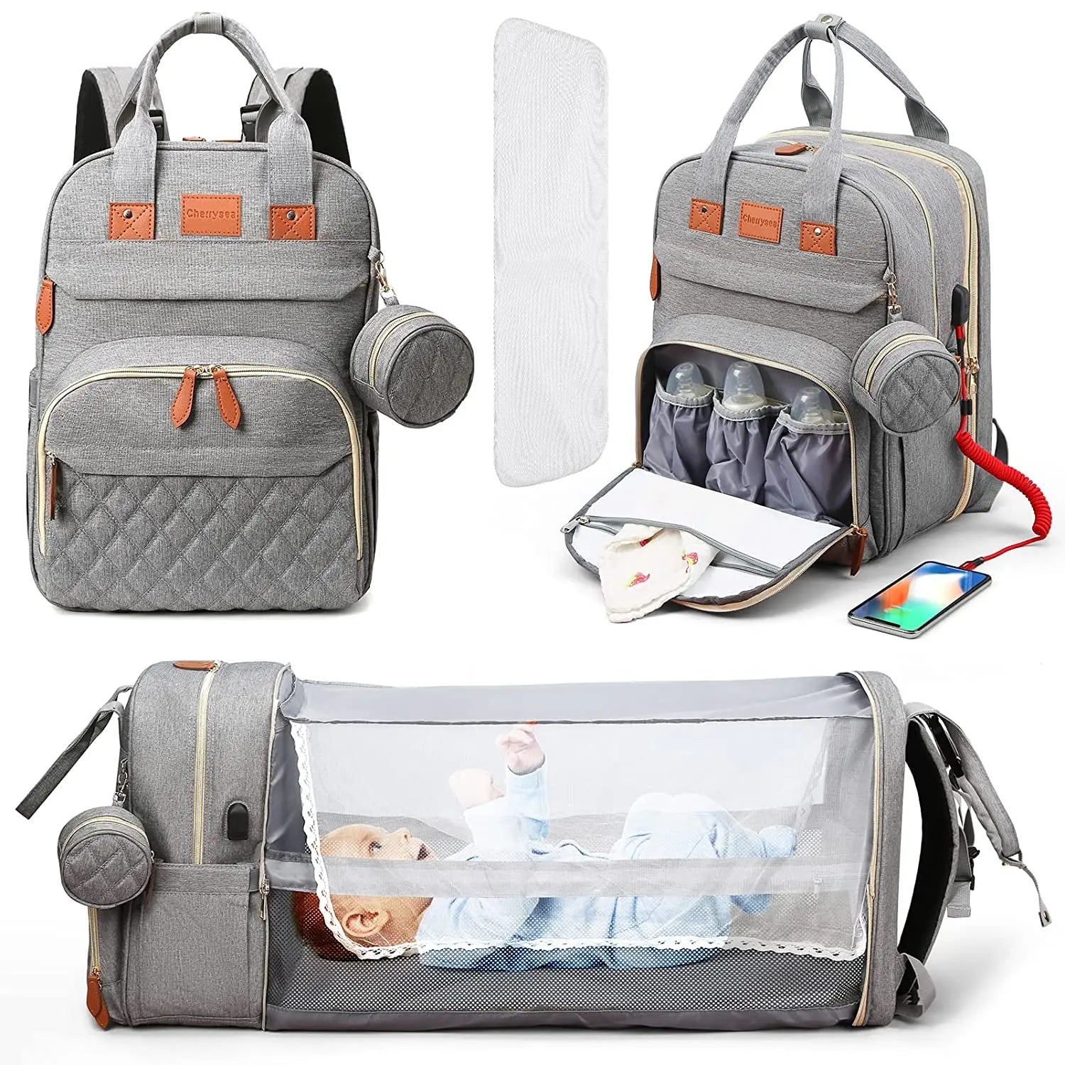Sac à langer 3-en-1 multifonction – Lit pliable, rangement isotherme et port USB
