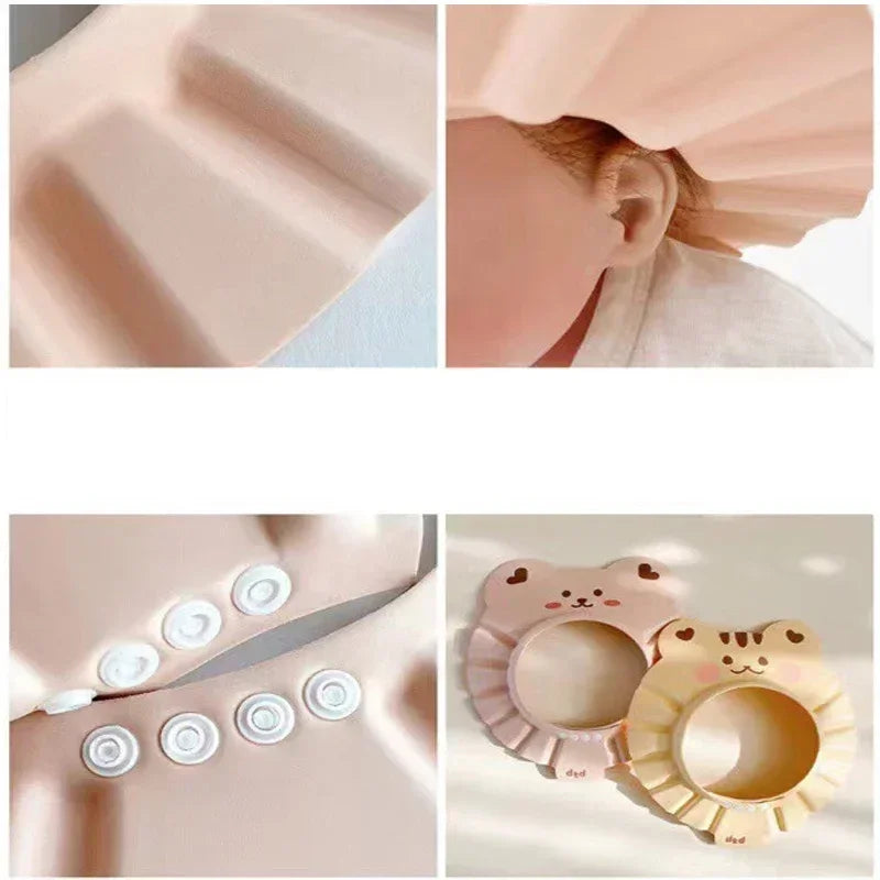 Bonnet de bain “Petits Animaux” – Protection réglable et anti-éclaboussures pour bébé