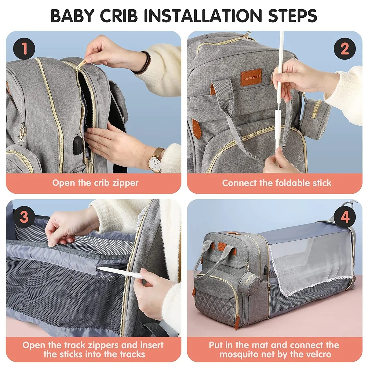Sac à langer 3-en-1 multifonction – Lit pliable, rangement isotherme et port USB
