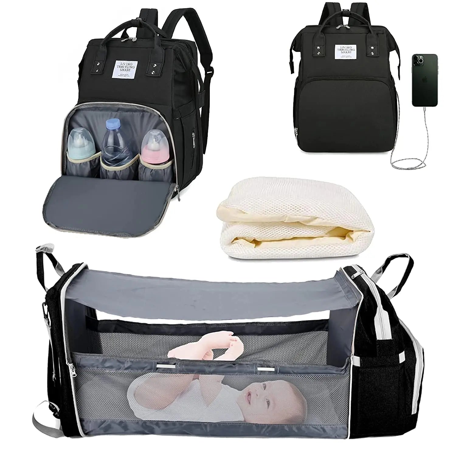 Sac à langer 3-en-1 multifonction – Lit pliable, rangement isotherme et port USB