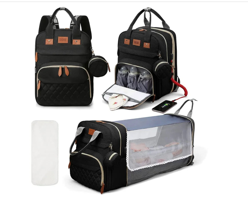 Sac à langer 3-en-1 multifonction – Lit pliable, rangement isotherme et port USB